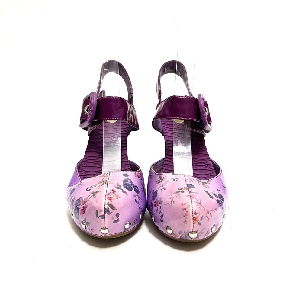 Vintage Y2K purple floral leather strappy heeled wooden clogs - Picture 2 of 8